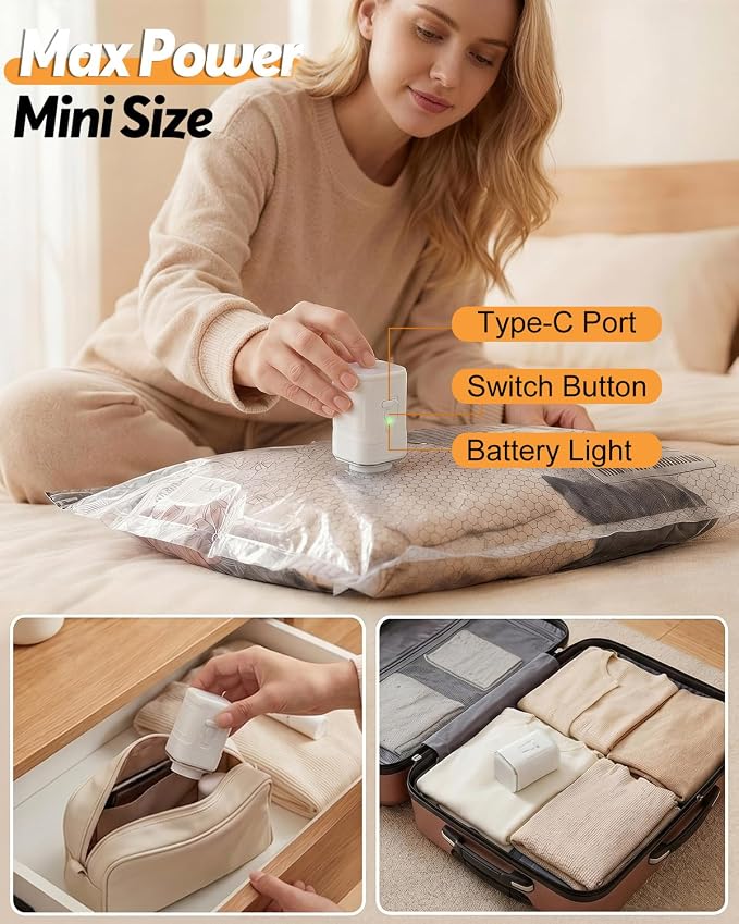 Vacuum Storage Bags with Rechargeable Cordless Pump, 15 Pack Vacuum Seal Bags for Clothing Travel, Space Saver for Clothes, Bedding, Pillows, Seasonal Storage