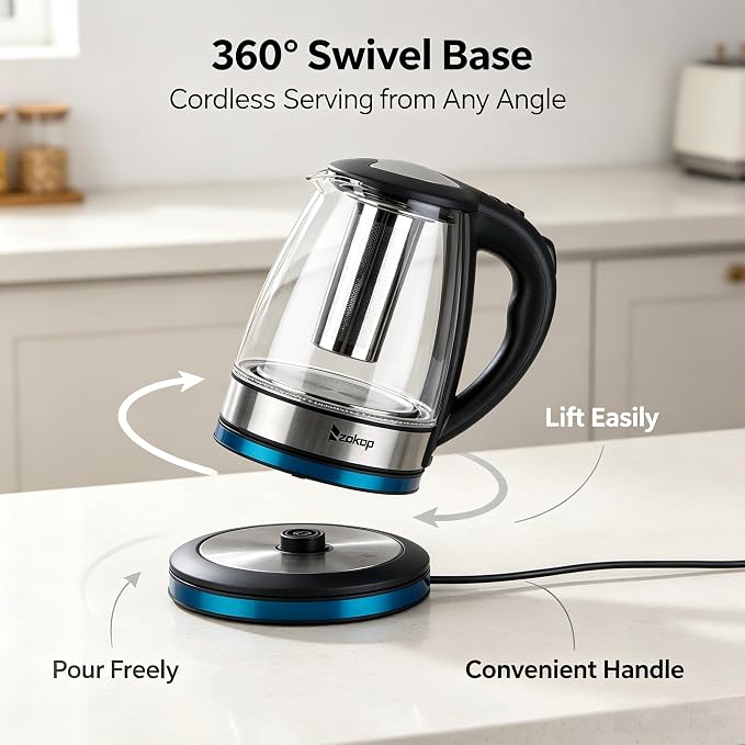 Electric Kettle, 7 Colors LED, Removable Tea Infuser, Glass Tea Kettle, 360° Swivel Base, BPA Free, Stainless Steel, Auto Shut-Off, Boil Dry and Overheat Protection for Coffee 1.8 L