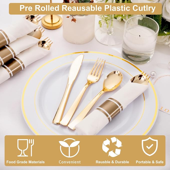 400PCS Pre Rolled Gold Plastic Silverware Set Heavy Duty for Wedding | Wrapped Utensils, Disposable Cutlery, 100 Pack, Durable and Sturdy, BPA free, Includes Napkins, for Party, Event Supplies
