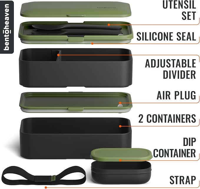 Bentoheaven Bento Box Adult, Stackable Lunch Box, 40 oz, Olive Garden | BPA-free, leakproof and microwave-safe with 2 compartments, utensils, chopsticks, divider and sauce cup for men and women.