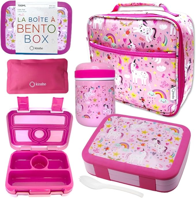 kinsho kids Bento Lunch Box Set with Thermo, Bag & Ice Pack, Pink Unicorn | 4 Compartments, Removable Tray, Small Meal or Snack Container for Girls Toddlers, Daycare & Pre-School, Steel Hot Food Jar