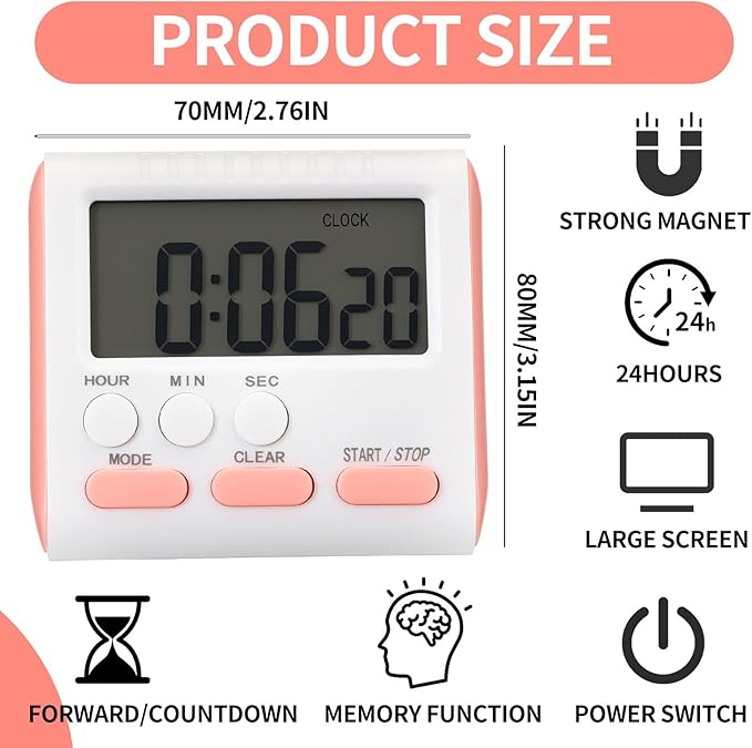 Mudder 3 Pack Digital Kitchen Timer for Cooking, Large Digits, 24 Hour Magnetic Backing Stand Kitchen Timers Clock for Classroom Kids Teachers, Loud Alarm and Large Screen (Pink)