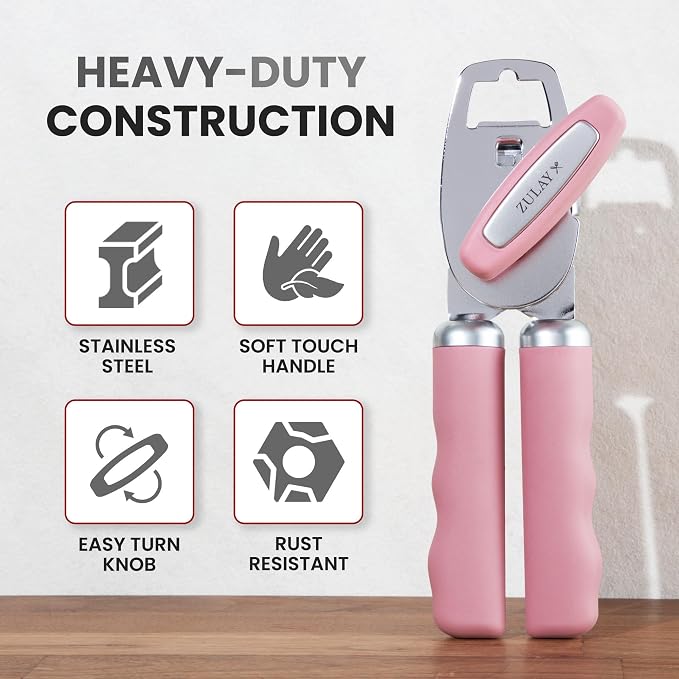 Zulay Kitchen Heavy Duty Stainless Steel Can Opener Manual with Bottle Opener - Rust Proof Manual Can Opener With Turn Knob & Comfy Soft Grip Handles - Pink