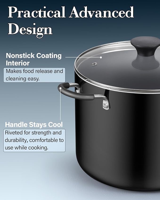 Cook N Home 10.5 Quart Non Stick Stock Pot with Lid, Large Pots for Cooking | Nonstick Soup Pot, Stockpot Induction Cookware - Oven & Dishwasher Safe, Black