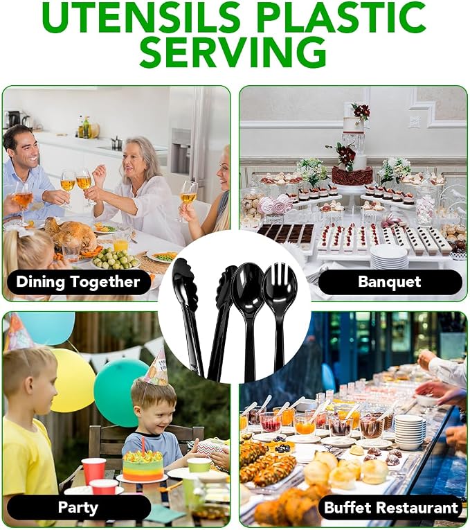 36 PCS Plastic Serving Utensils, Disposable Serving Spoons Forks Tongs for Buffet Serving Utensils Set for Parties Black Serving Utensils for Restaurant Dinner Salad Noodles Soup