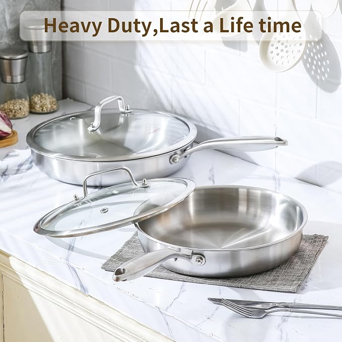 DELARLO Tri-Ply Stainless Steel Pan,18/10, 12"+Lids | Nontoxic Durable Oven Safe 800℉ All Cooktops Compatible Fast Even Heat PFOA Free Large Frying Pan Nontoxic Cookware