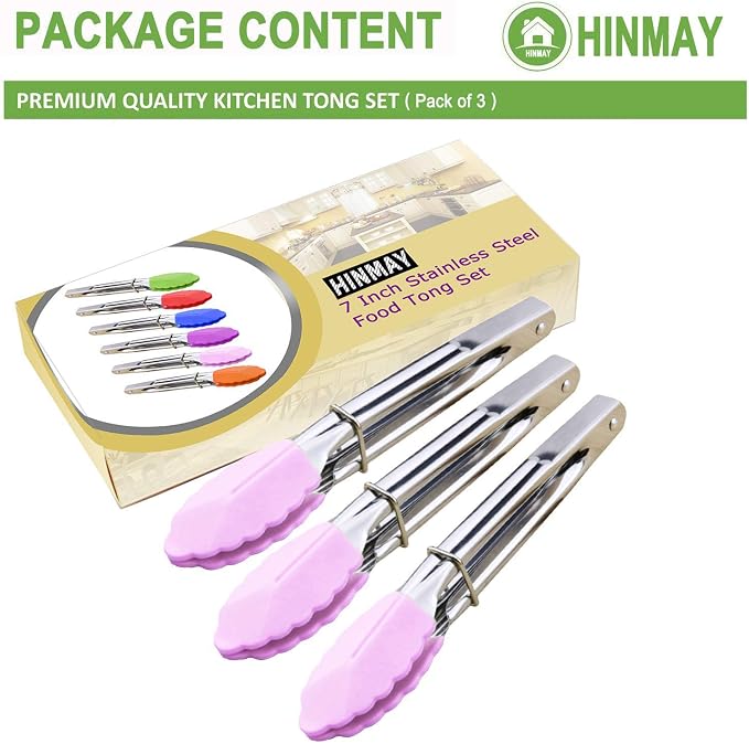 HINMAY 7-Inch Serving Tongs with Silicone Tips, Set of 3 (Pink) | 7-Inch Clam Shell Mini Tongs