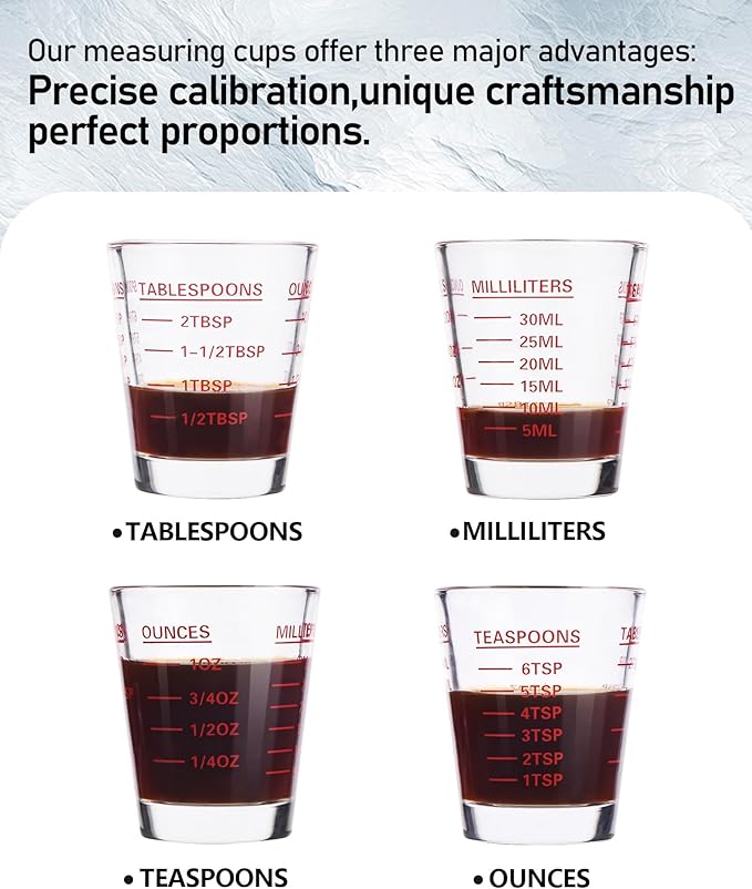 SAIAOKJ Shot Glass Measuring Cup Set, 2 Pack Espresso Shot Glasses (Black) | Glass measuring cups feature 26 markings up to 1 OZ, 2 TBS, 6 TSP, 30 ML for espresso, liquor, medicine and recipes
