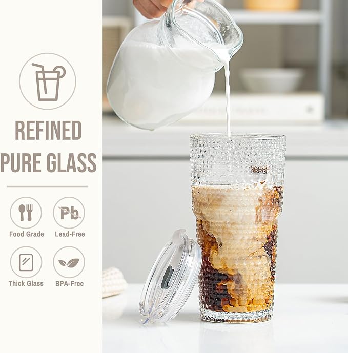 SoulTimes 20oz Hobnail Glass Tumbler with Bamboo Lids and Straws - Iced Coffee Glass Cups for Smoothie, Matcha, Juice, Water etc. Leakproof and Reusable Glassware Drinking for Travel To Go [4 Pcs]