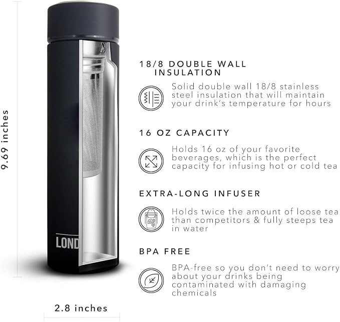 the London Sip Multi-Purpose Travel Mug and Tumbler Fruit Infused Flask Hot and Cold Double Wall Stainless Steel Thermos with Extra-Long Infuser, Zen Black, Pack of 2