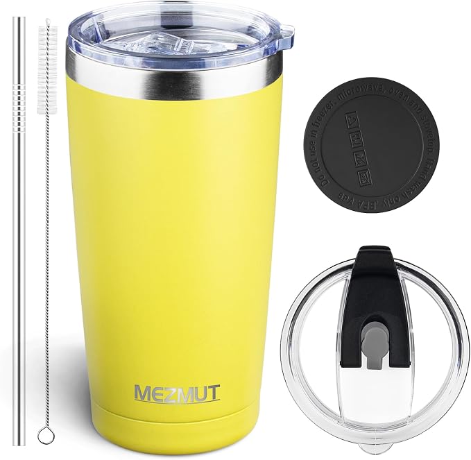 MEZMUT 20oz Insulated Tumbler Travel Coffee Mug with Lid Straw(Yellow,1) | 18/8 Stainless Steel Double Wall Vacuum Spill Proof Metal Insulated Tumbler with Daul Lid and Straw, Hot or Iced Coffee Cup