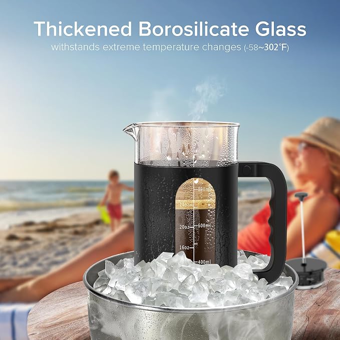 QUQIYSO French Press 34oz, Stainless Steel & Thickened Glass Coffee Press | French Press Coffee Maker,Heat-Resistant Borosilicate Glass,Easy to Clean，Tea Brewer Suitable for Kitchen Party Gifts(Black)