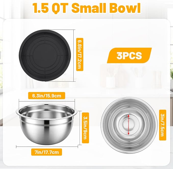 Beasea Mixing Bowls with Lids Set of 3, 1.5 QT Stackable Stainless Steel Mixing Bowls with Black Lids for Baking, Metal Nesting Bowl for Kitchen, Meal Prepping, Cooking and Serving
