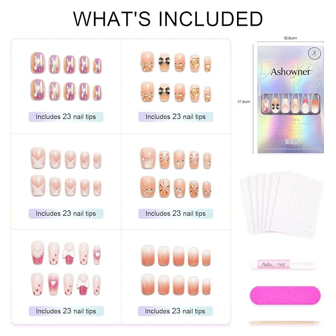 6 Packs (144 Pcs) | Reusable Press on Nails | cute nails | 6-Style Bundle | 12 Sizes | Each Style 24 Pcs | Black Gold Bow Heart