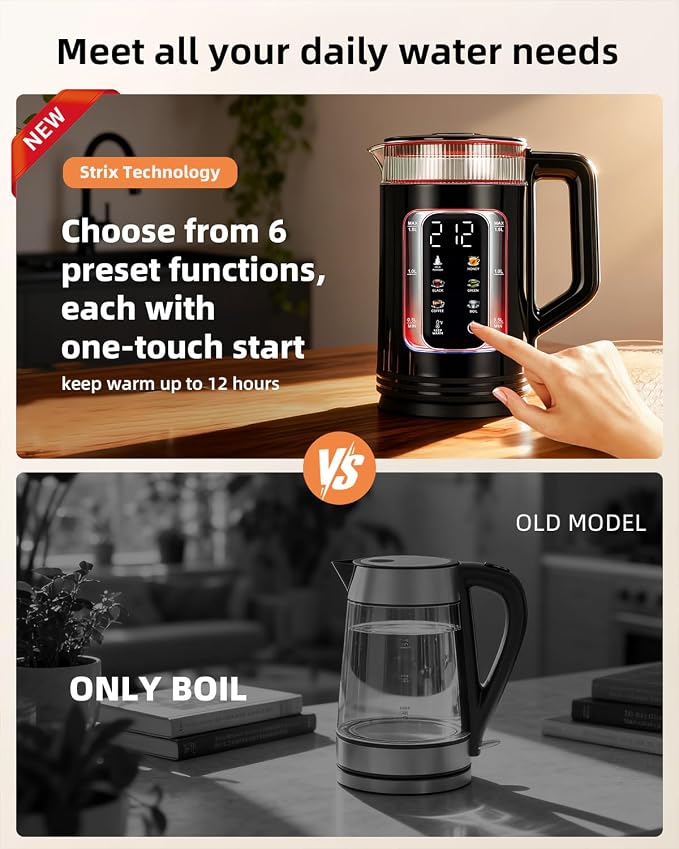 Electric Kettle with Temperature Control, Smart Glass Water Boiler for Tea, Coffee & Boiling, Automatic Shut-Off, 12-Hour Keep Warm & 6 Presets with One-Touch