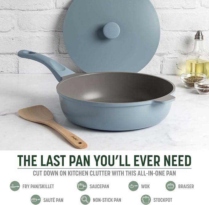 Goodful All-in-One Pan, Multilayer Nonstick Cookware Set, High-Performance Construction, Multipurpose Design Replaces Multiple Pots and Pans, Dishwasher Safe, 11-Inch, 4.4-Quart Capacity, Blue Mist