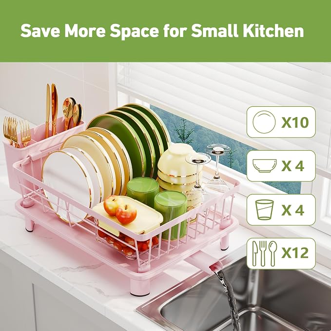 Dish Drainer Rack with Drip Tray, Sink Dish Drainer with Drainage Spout, Stainless Steel Dish Drying Rack with Cups, Utensil & Cutting Board Holders for Kitchen Counter Space-Saving, Pink