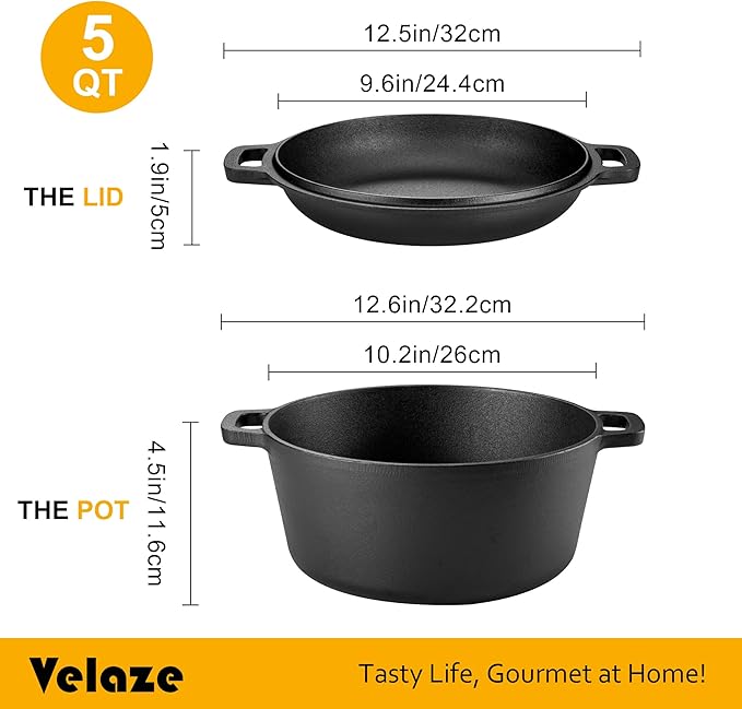 Velaze Cast Iron Dutch Oven with Skillet Lid, 2-in-1 Pre-Seasoned, 5QT | Dual Handles,for Bread Baking,Frying,Camping,Home Cooking Use,Non Stick Finish,Oven,Grill,Includes Tripod,Lid as Cooking Pan
