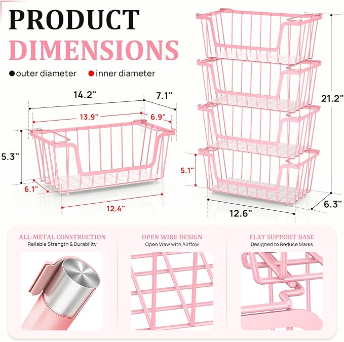 SUNALLY Stackable Storage Bins 6 Pcs Wire Baskets Freezer Organizer, Pink | Pantry Organizers Storage, Vegetable Fruit Storage Basket for Countertop, Kitchen Baskets for Onion Potato Snack Cans Storage