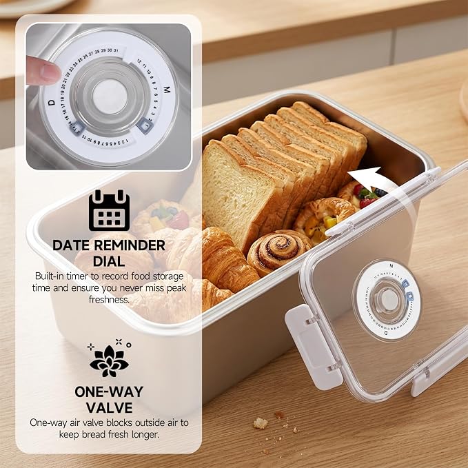 Large Stainless Steel Bread Storage Box with Lid | Large Capacity, Airtight Fresh-Keeping See-through Lid, Time Recording, Perfect for Homemade Loaf, Toast, Bagel and Cookies