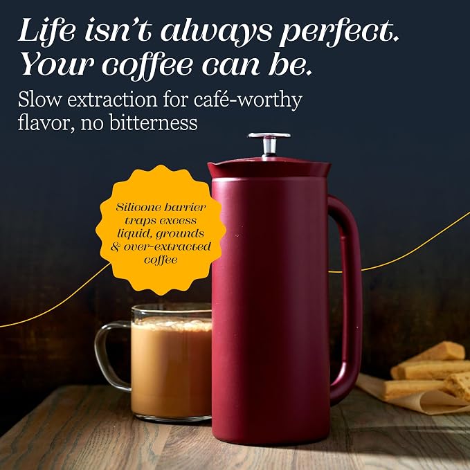 ESPRO P7 French Press, 32oz, Cranberry, Stainless Steel Coffee Maker | Double Filter Coffee Press, Grit-Free Coffee, Heat Resistant Insulated tea Press, Easy Hot and Cold Coffee Brewer, Tea Brewer