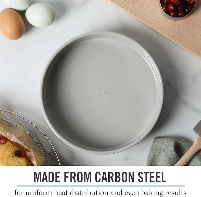 Martha Stewart Gallen 8 Inch Round Nonstick Carbon Steel Cake and Bake Pan – Cool Grey, Durable Bakeware for Even Baking and Easy Release