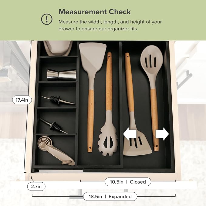 Utensil & Junk Drawer Organizer, 10.5-19 in, Black Bamboo | Food-safe contract grade, 100% sustainable wood, non-slip, adjustable