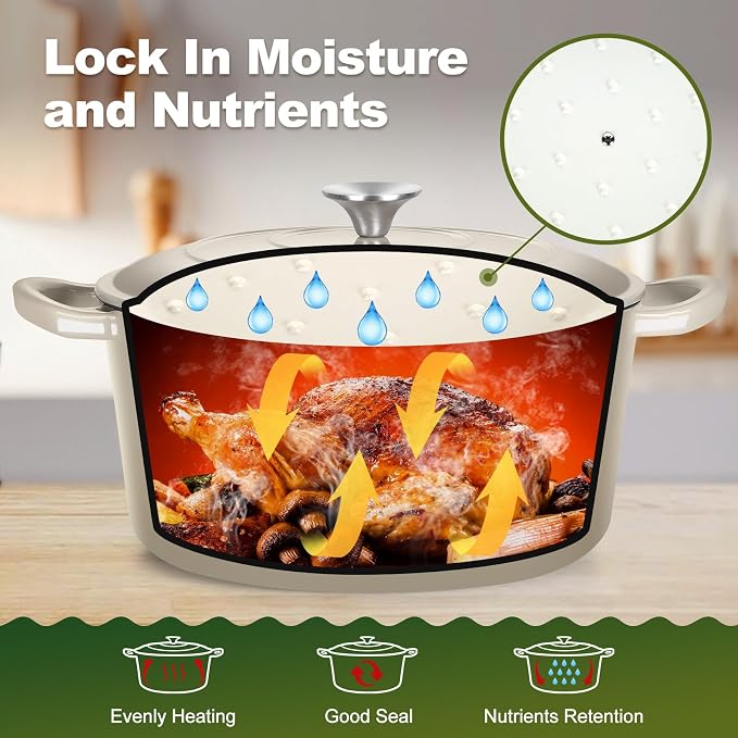 P&P CHEF 6QT Enameled Dutch Oven, Dutch Oven Pot for Bread Baking, Khaki | 6 Quart Enameled Cast Iron Casserole Pot with Lid, for Roasting Braising Stewing Frying Simmering, Work on Various Stoves