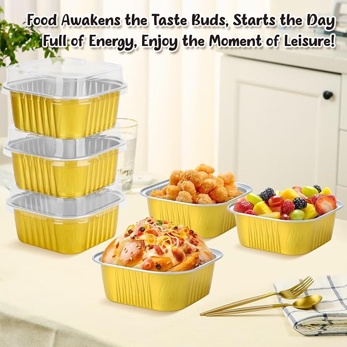 selizo 60 Pack 5oz Mini Disposable Cake Pans with Lids, Aluminum Foil Square Baking Cups, 3.5x3.5 Small Baking Cake Tins Cup Cake Containers with Lids for Individual Cakes