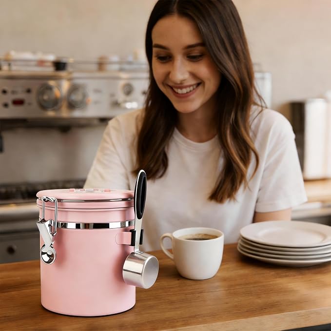 ShanSon Coffee Canister Airtight, Stainless Steel Bean Storage Container with Date Tracker & Scoop, Grounds Sugar Flour Tea Cereal Fits Kitchen Pantry, Ideal Gift for Coffee Lovers,12oz, Pink