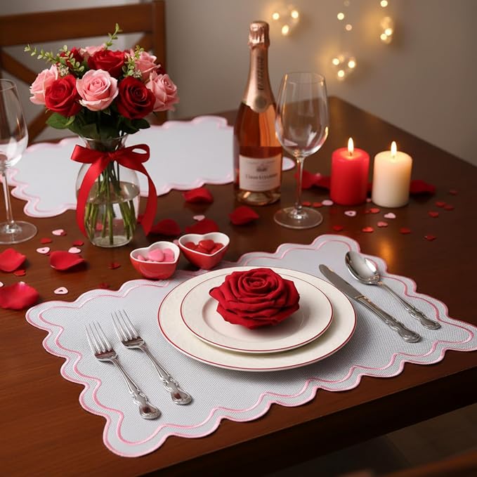 HunnmingRe White with Pink Set of 6 Cotton Linen Wedding Placemats, 13x19 Inch Scalloped Wavy Embroidery Placemat Double Layered Washable Rustic Rectangle Dinner Table Mat for Home Decor
