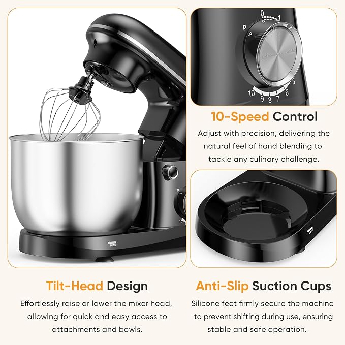 NEWBULIG Stand Mixer 6.3QT, Kitchen Electric Mixers Alternative | 10-Speed Dough Hook, Whisk, Beater & Splash Lid, Multi-Cover for Baking, Cakes and Home Cooking Needs