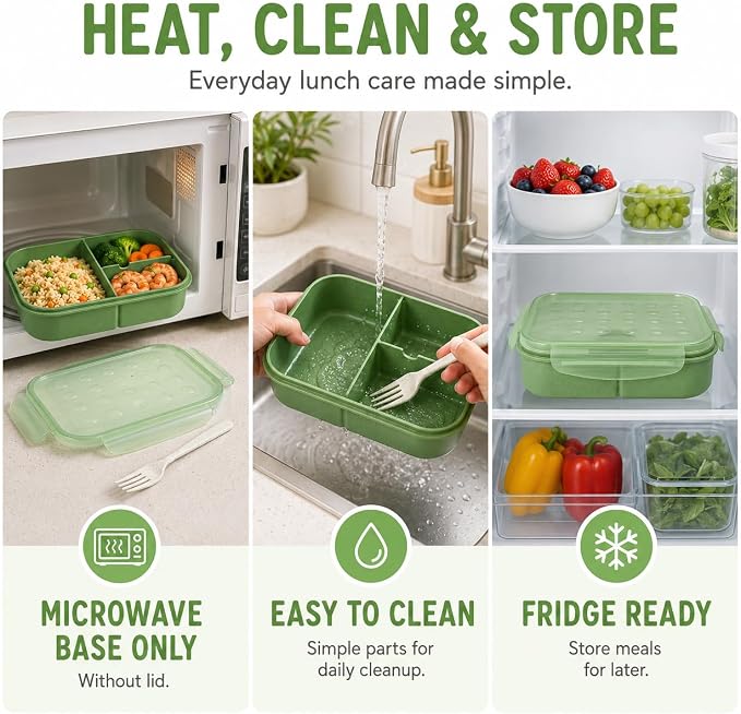 MISS BIG® Bento Lunch Box for Kids, 1150ml, 3 Compartments, Matcha Green | Matcha green kids bento lunch box for school meals, daycare snacks, light lunch, picnic, and travel.