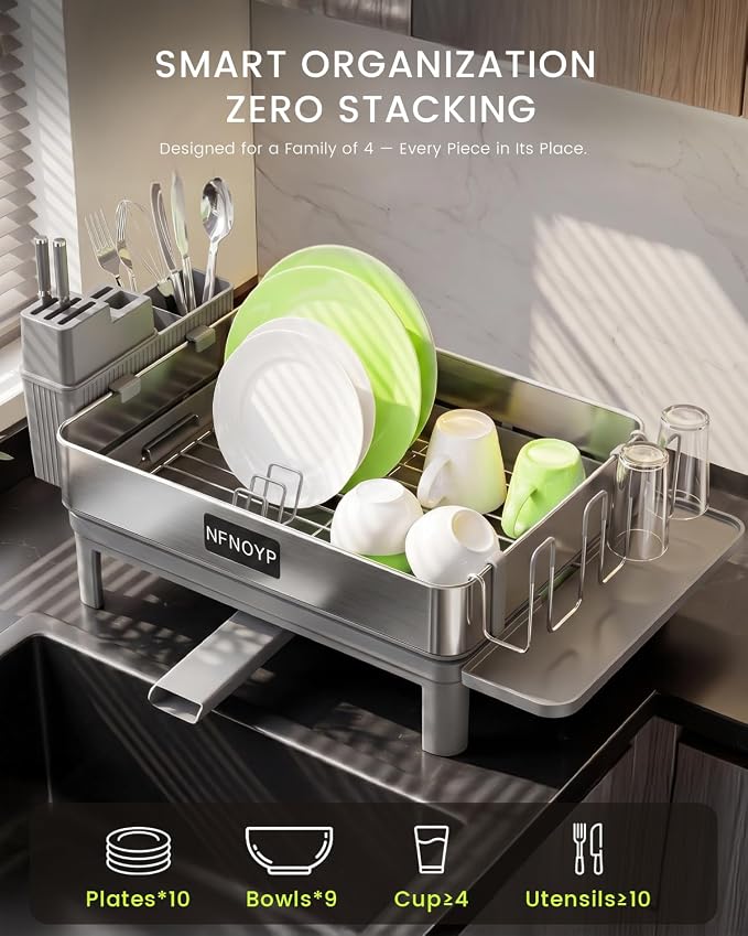 304 Stainless Steel Dish Drying Rack for Kitchen Counter, Grey | Large Capacity Rustproof Dish Rack with Auto Drain Spout, Removable Utensil & Cup Holders, Drainboard Set