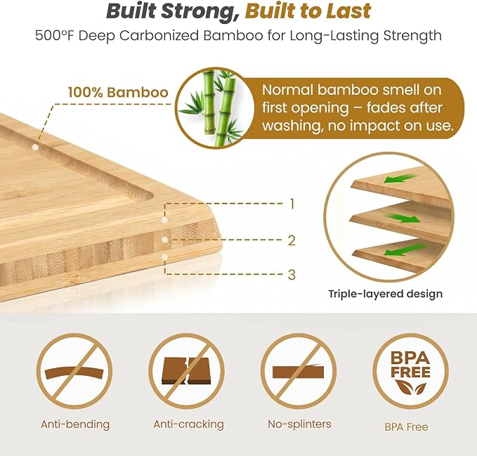 Bamboo Cutting Board for Kitchen, Double-Sided with Stand, Natural | 3-piece Chopping Board Set With Juice Grooves, Vertical Storage Rack, and Comfort Side Handles for Effortless Meal Prep
