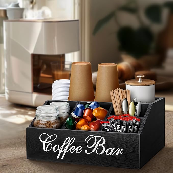 Wood Coffee Station Organizer for Counter | Farmhouse Coffee Bar Organizer | Coffee Pods Holder Bar Accessories | Tea Condiment Storage Basket | Home Decor