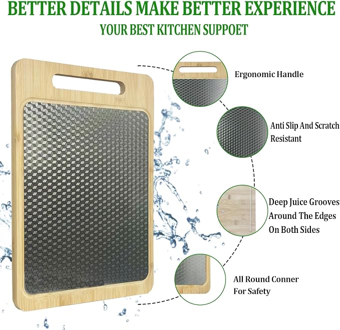 Double Sided Bamboo & Stainless Steel Cutting Board, 15"×11" Large | Juice Groove, Handle, Non Toxic, Charcuterie Board,Ideal Gift for Kitchen,Easy Care,resists scratches and odors,camping use