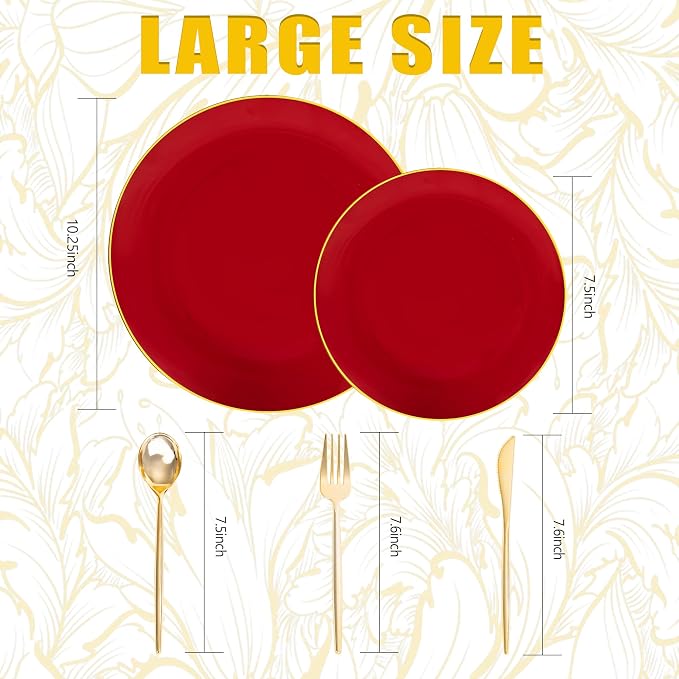 IOOOOO 150Pcs Red Plastic Plates,Red Disposable Plates with Gold Rim | Sturdy Hard Disposable Plates Set Include 30 Dinner Plates,30 Dessert Plates, 90 Plastic Silverware Set for Wedding, Events.