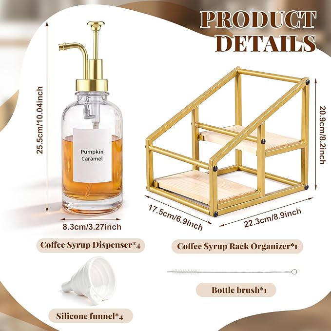Coffee Bar Accessories, 4 Pack 16.9oz/500ml Coffee Syrup Dispenser with 1/4oz Pump, 2-tier Syrup Rack Organizer, Labels, Straw Brushes, Funnels for Kitchen Countertop, Wine, Dressing Storage