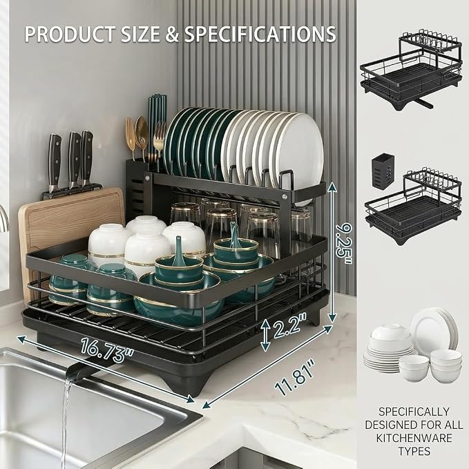 2-Tier Dish Drying Rack for Kitchen Counter, Large Capacity Dish Drainer with Swivel Spout, Rust-Proof Carbon Steel Utensil Holder and Cutting Board Rack, Easy No-Tool Assembly