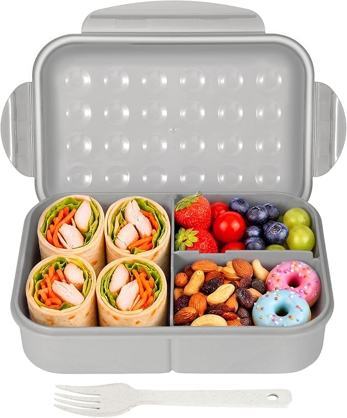 Itopor Bento Box for Kids & Adults, Lunch Box 46 oz / 1400ml, Gray | Wheat straw material, BPA-free, leakproof, 3 compartments, microwave & dishwasher safe, for school, office & travel