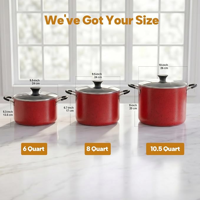 Cook N Home 6 Quart Non Stick Stock Pot with Lid, Large Pots for Cooking | Nonstick Soup Pot, Stockpot Induction Cookware - Oven & Dishwasher Safe, Marble Red