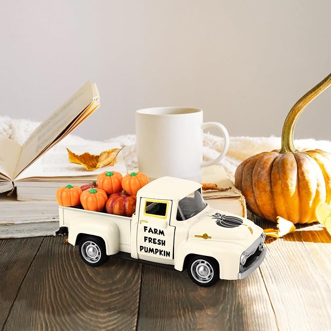 Hooqict Fall Pumpkin Truck Thanksgiving Decor with 8 Pumpkins Mini Metal Truck Vintage Pickup Car Model for Fall Autumn Harvest Thanksgiving Table Decorations Kitchen Farmhouse Tiered Tray Decor