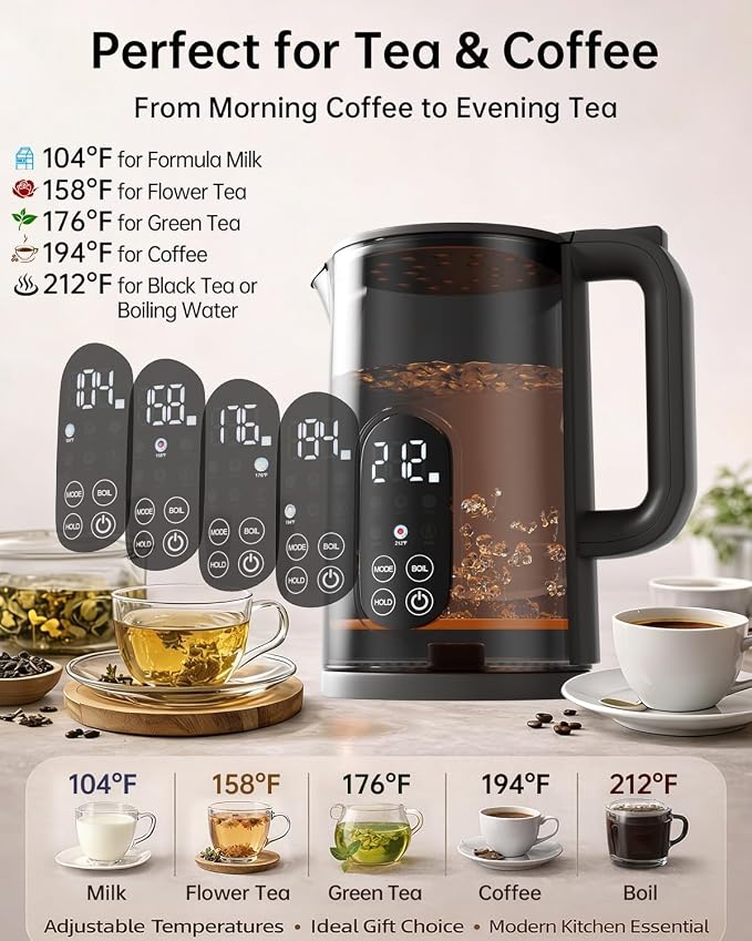 1.7L Stainless Steel Electric Kettle with Temperature Control, Matte Black | 5 Preset Temperatures for Tea & Pour Over Coffee, 2H Keep Warm, 1200W BOIL Mode, 304 Stainless Steel Interior, Cordless Base