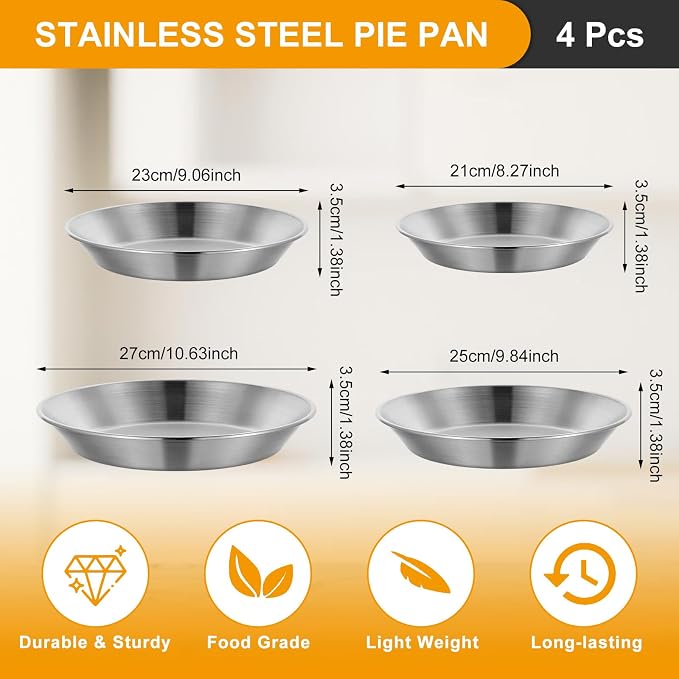 4 Pcs Stainless Steel Pie Pan Set, Pizza Pan Deep Pie Dish Pie Plate Baking Tray Dishes for Pizza Baking Serving Oven Grill, 4 Sizes