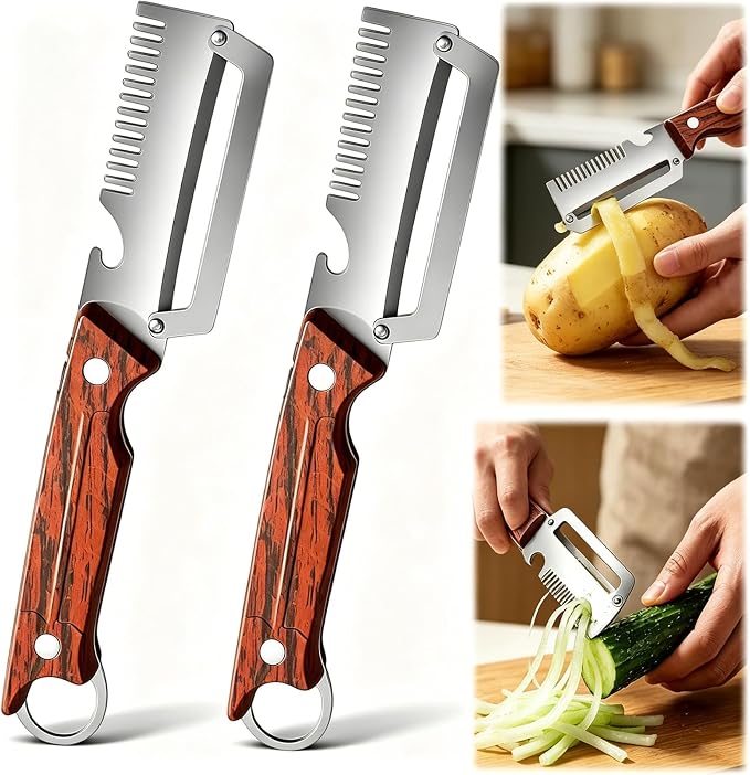 2-Pack Multifunctional Vegetable Peeler, 3 in 1 Kitchen Peeler with Wooden Handle, Bottle Opener & Storage Hanging Hole, for Fruits and Vegetables