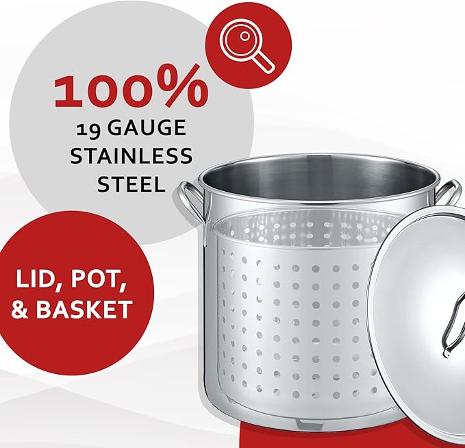 CONCORD 53 QT Stainless Steel Stock Pot w/Basket. Heavy Kettle. Cookware for Boiling