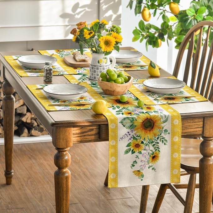 Artoid Mode Sunflowers Leaves Flower Summer Placemats Set of 4, 12x18 Inch Seasonal Holiday Table Mats for Party Kitchen Dining Decoration