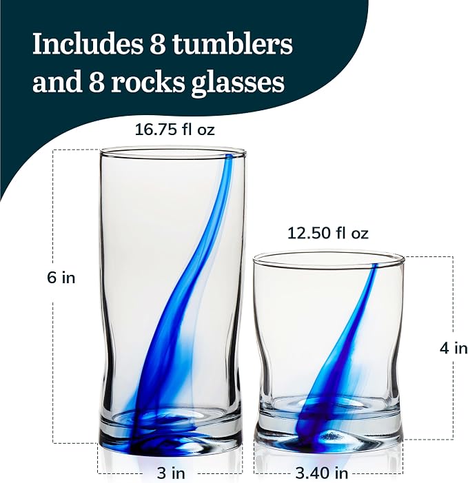 Blue Ribbon Tumbler & Rocks Drinking Glasses Set of 16, Dimpled Cups | 16.75 oz and 12.5 oz Capacities for Water, Juice, Cocktails, and More with Blue Ribbon Design and Dishwasher-Safe Cleanup