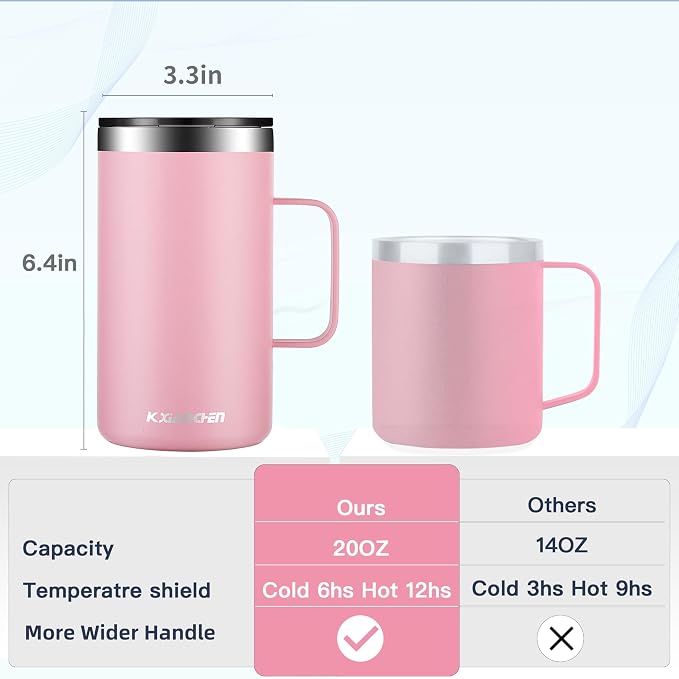 KXIAOCHEN 2-Pack 20 oz Insulated Coffee Mugs, Coffee Cups with Wide Handles | 18/8 stainless steel, sliding lids, 6+ hours hot or 12+ hours cold, wide mouth, no-sweat, for office, home, camping and gifts